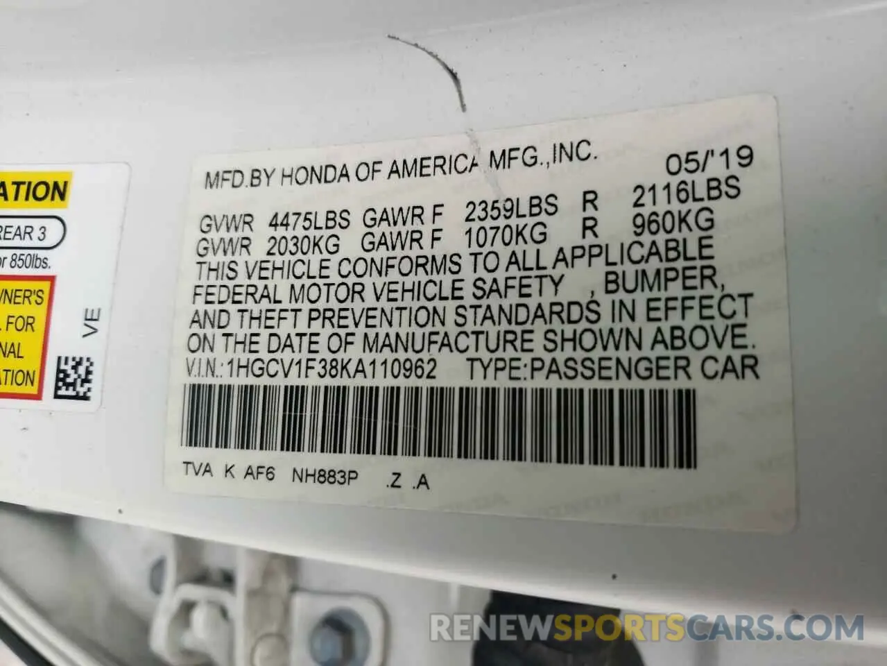 12 Photograph of a damaged car 1HGCV1F38KA110962 HONDA ACCORD 2019