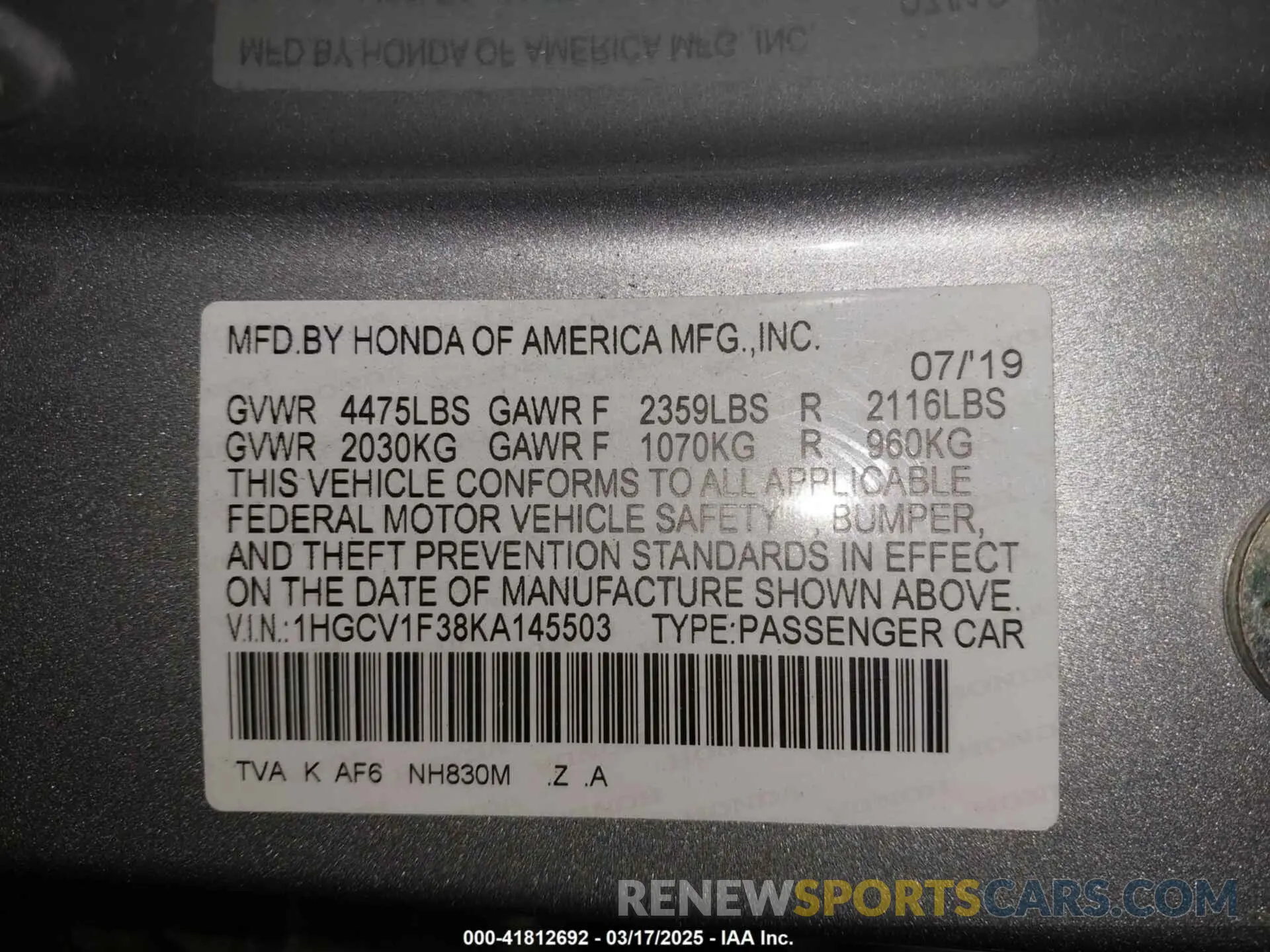 9 Photograph of a damaged car 1HGCV1F38KA145503 HONDA ACCORD 2019