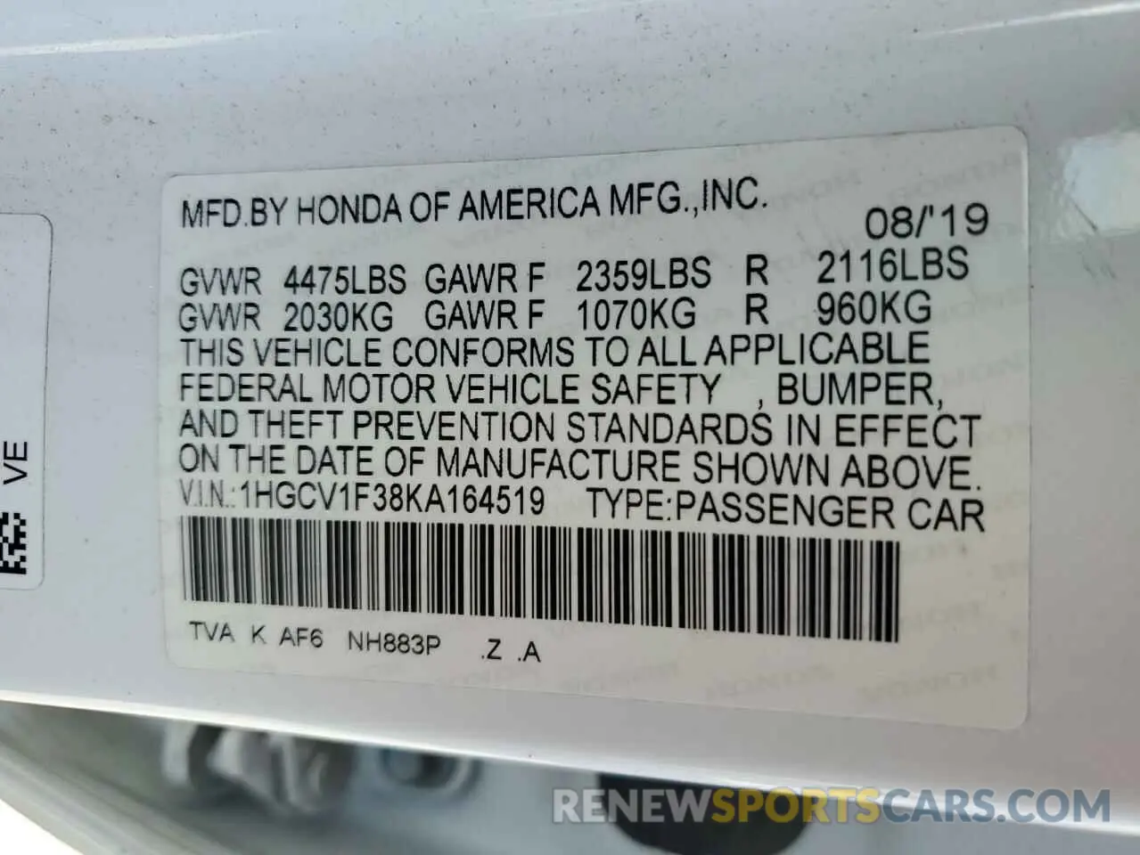 12 Фотография поврежденного автомобиля 1HGCV1F38KA164519 HONDA ACCORD 2019