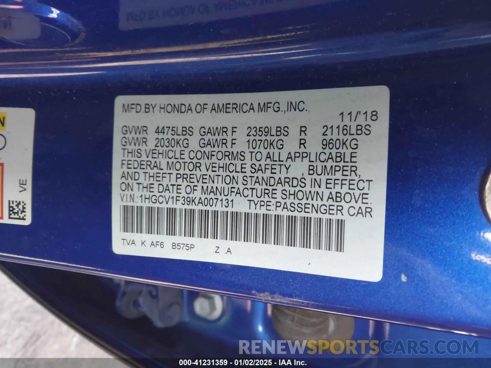 9 Фотография поврежденного автомобиля 1HGCV1F39KA007131 HONDA ACCORD 2019