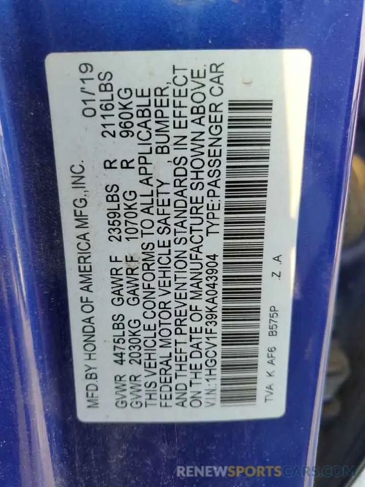 13 Photograph of a damaged car 1HGCV1F39KA043904 HONDA ACCORD 2019