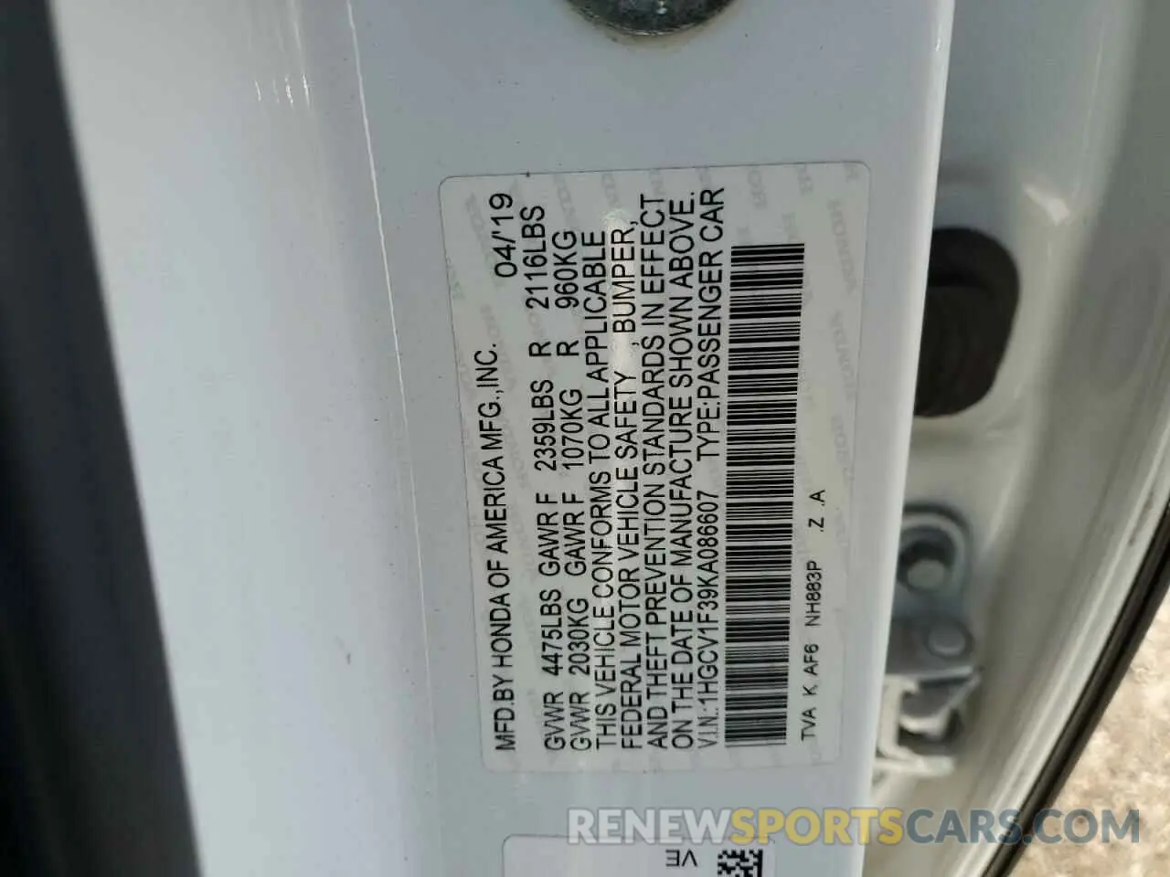 13 Фотография поврежденного автомобиля 1HGCV1F39KA086607 HONDA ACCORD 2019