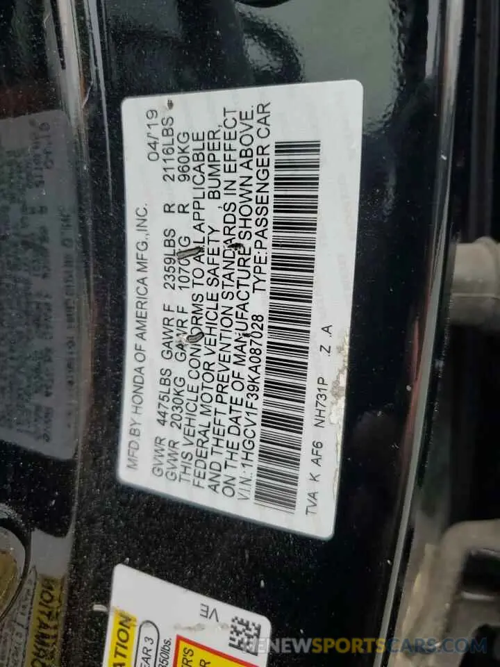 12 Photograph of a damaged car 1HGCV1F39KA087028 HONDA ACCORD 2019