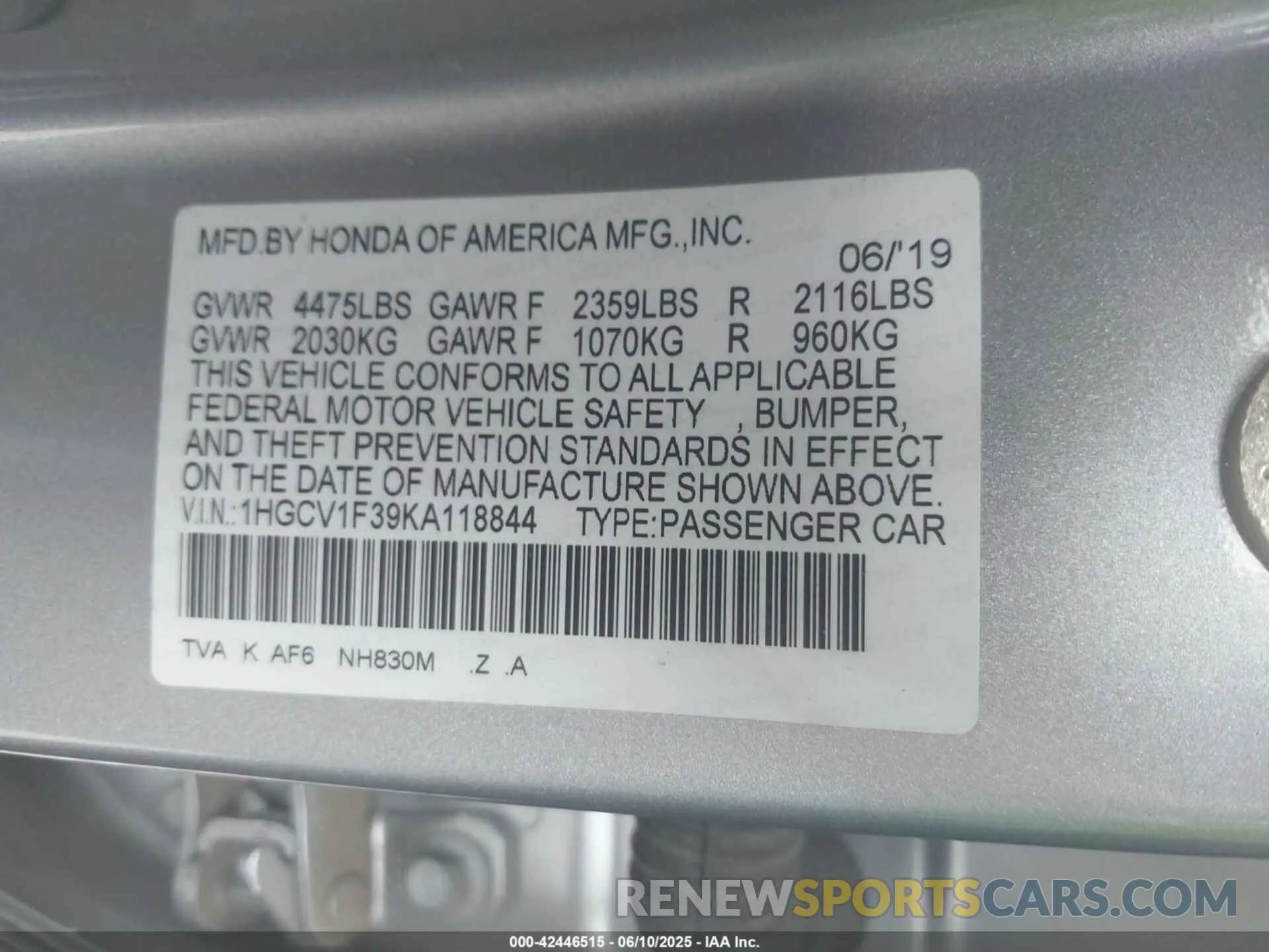 9 Photograph of a damaged car 1HGCV1F39KA118844 HONDA ACCORD 2019