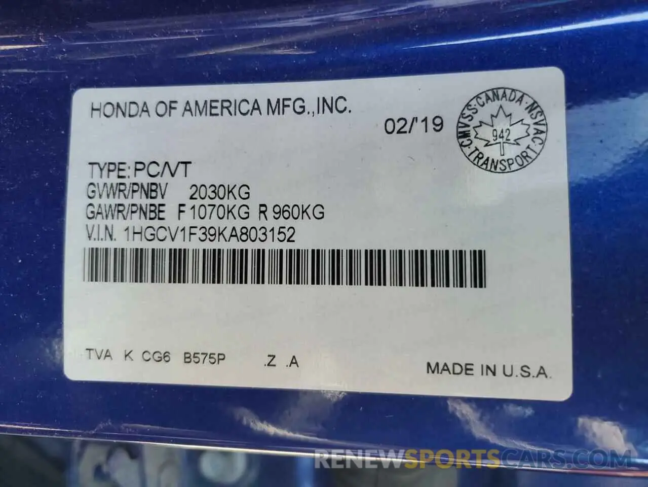 12 Фотография поврежденного автомобиля 1HGCV1F39KA803152 HONDA ACCORD 2019