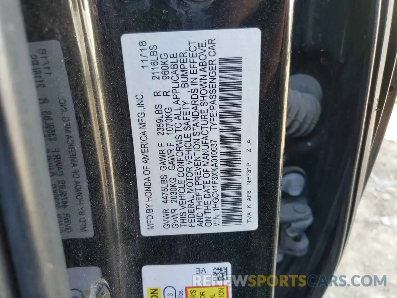 14 Фотография поврежденного автомобиля 1HGCV1F3XKA010037 HONDA ACCORD 2019