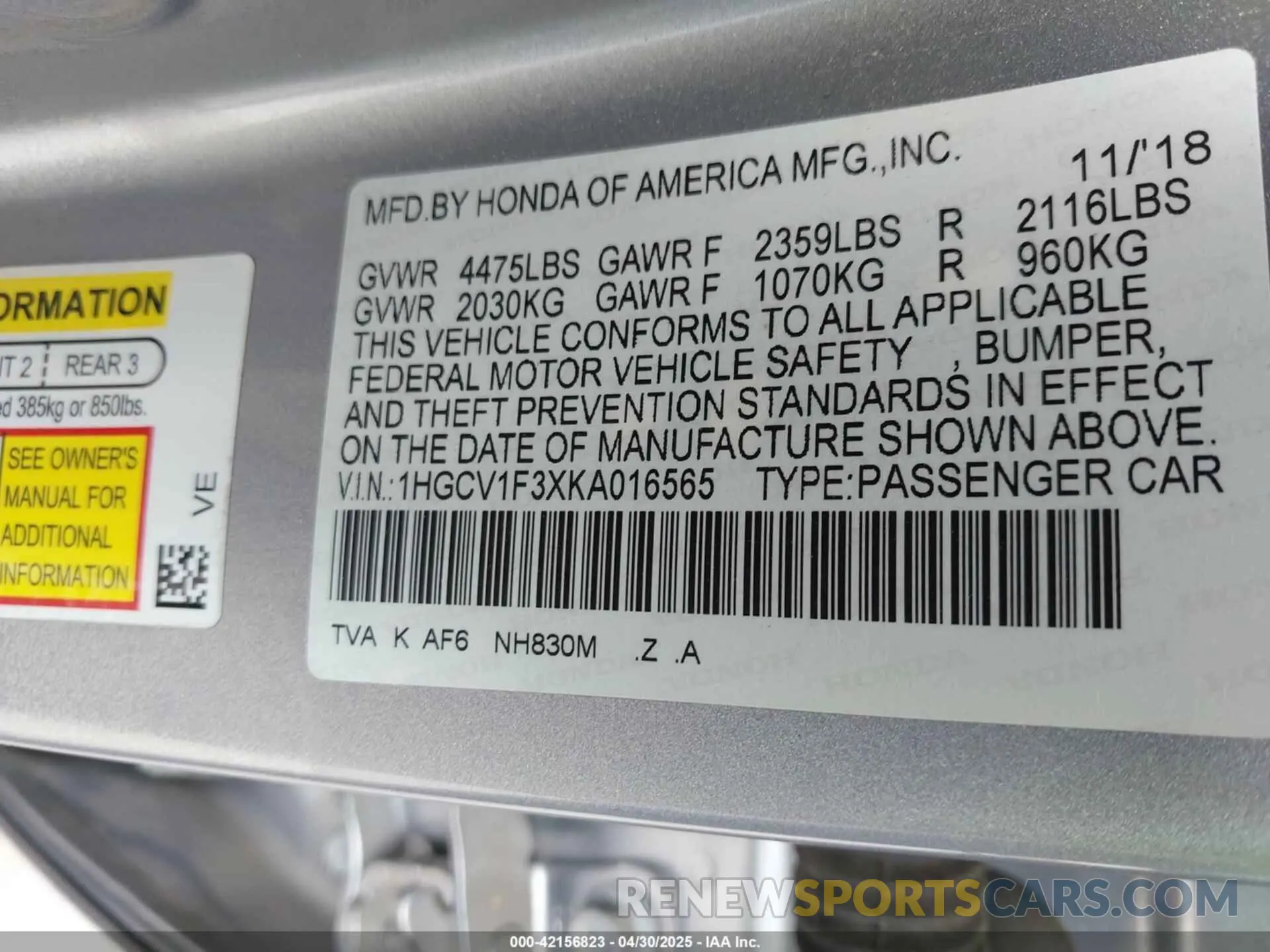 9 Фотография поврежденного автомобиля 1HGCV1F3XKA016565 HONDA ACCORD 2019