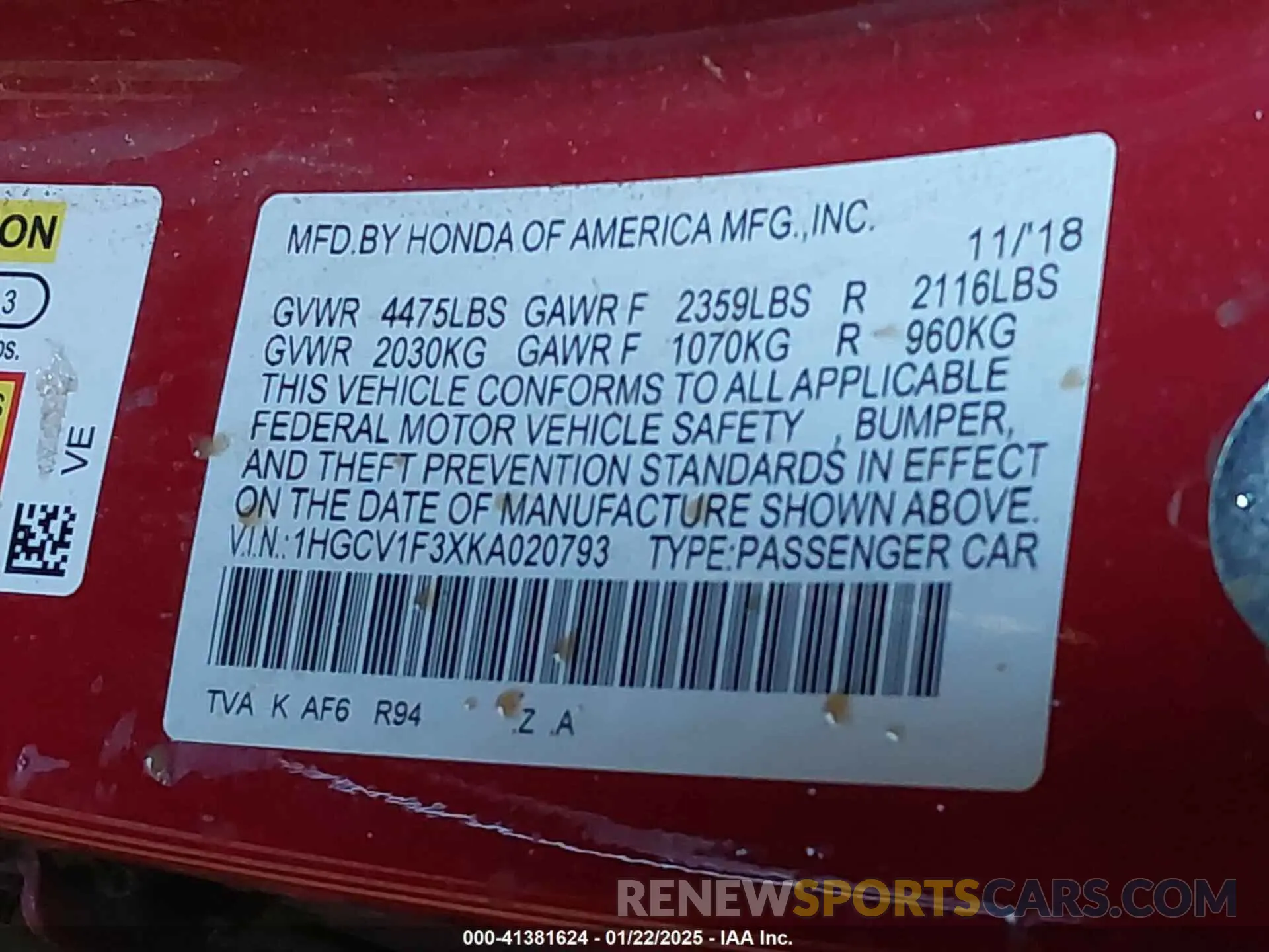 9 Фотография поврежденного автомобиля 1HGCV1F3XKA020793 HONDA ACCORD 2019