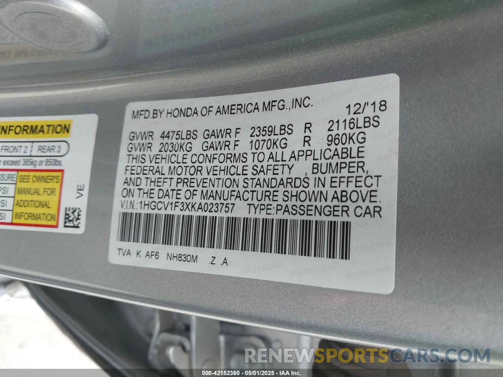 9 Photograph of a damaged car 1HGCV1F3XKA023757 HONDA ACCORD 2019