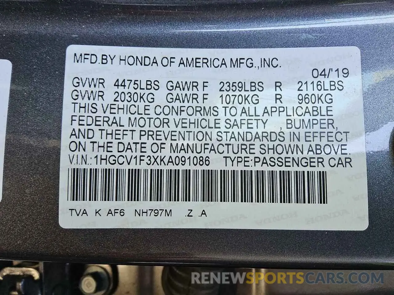 10 Photograph of a damaged car 1HGCV1F3XKA091086 HONDA ACCORD 2019