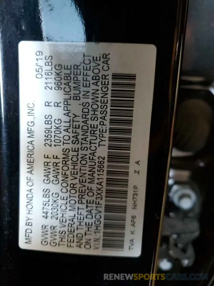 12 Фотография поврежденного автомобиля 1HGCV1F3XKA115662 HONDA ACCORD 2019