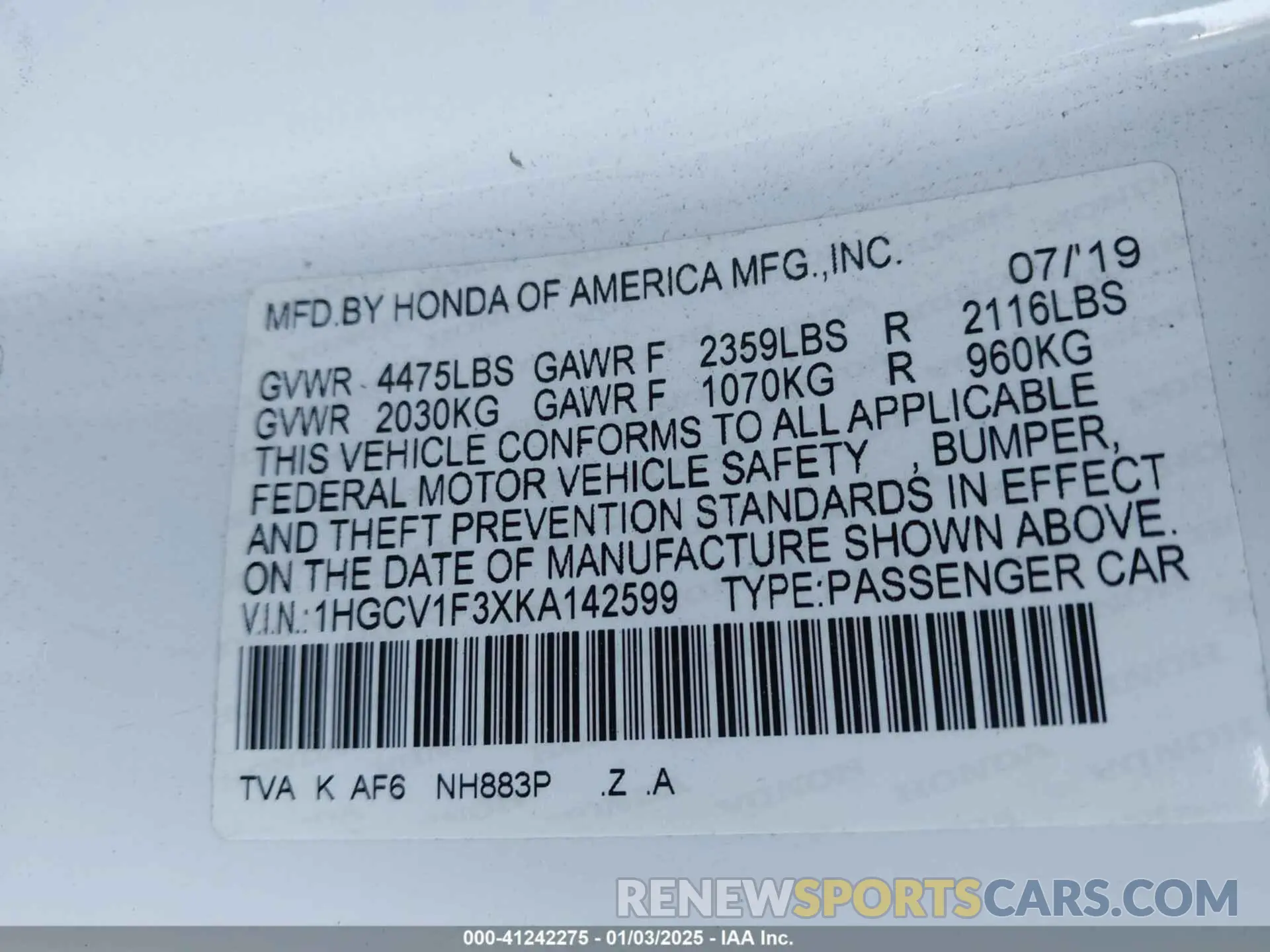 9 Фотография поврежденного автомобиля 1HGCV1F3XKA142599 HONDA ACCORD 2019