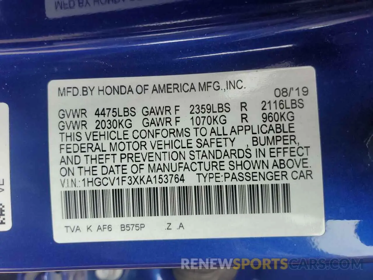 12 Photograph of a damaged car 1HGCV1F3XKA153764 HONDA ACCORD 2019