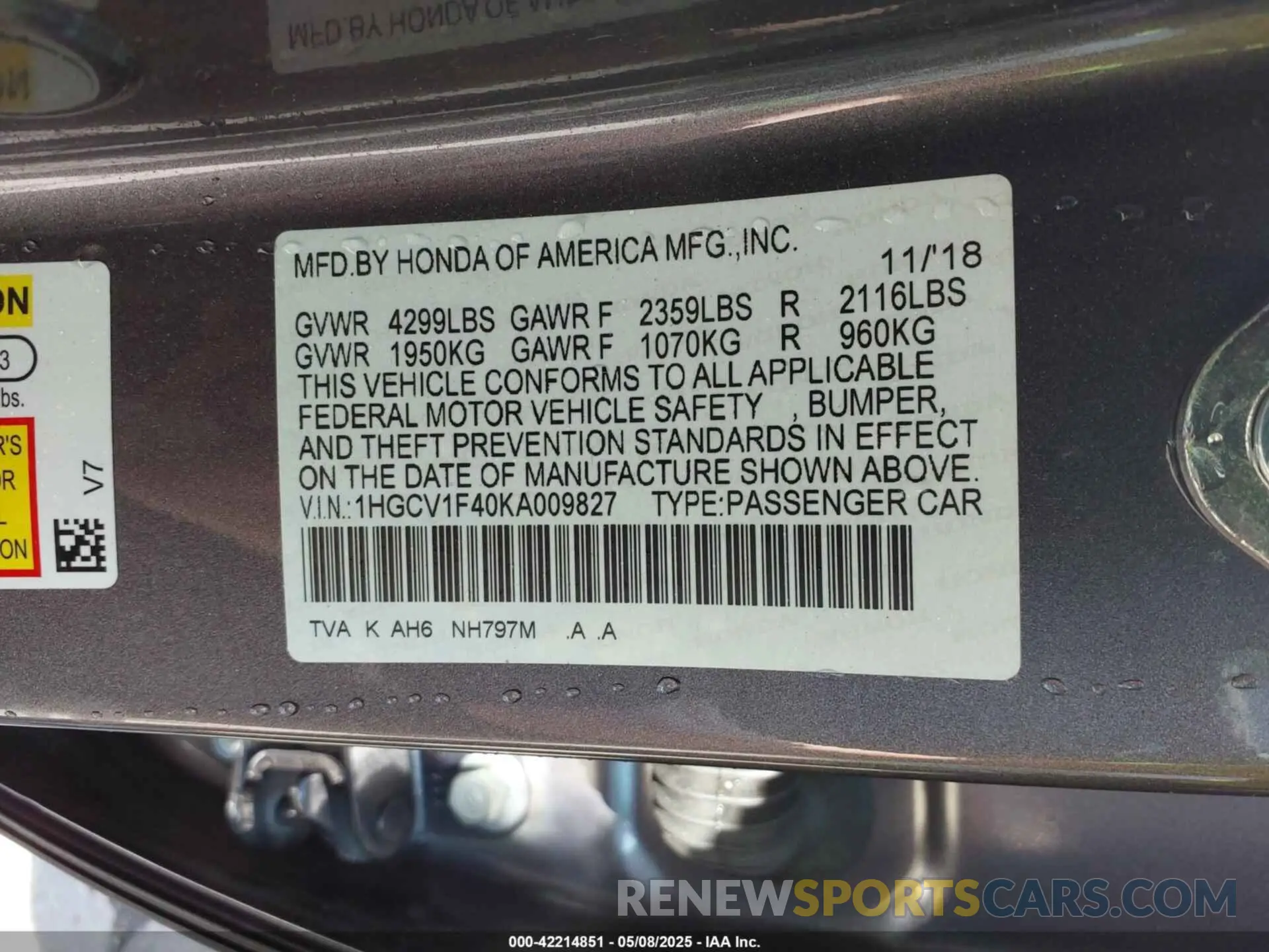 9 Фотография поврежденного автомобиля 1HGCV1F40KA009827 HONDA ACCORD 2019