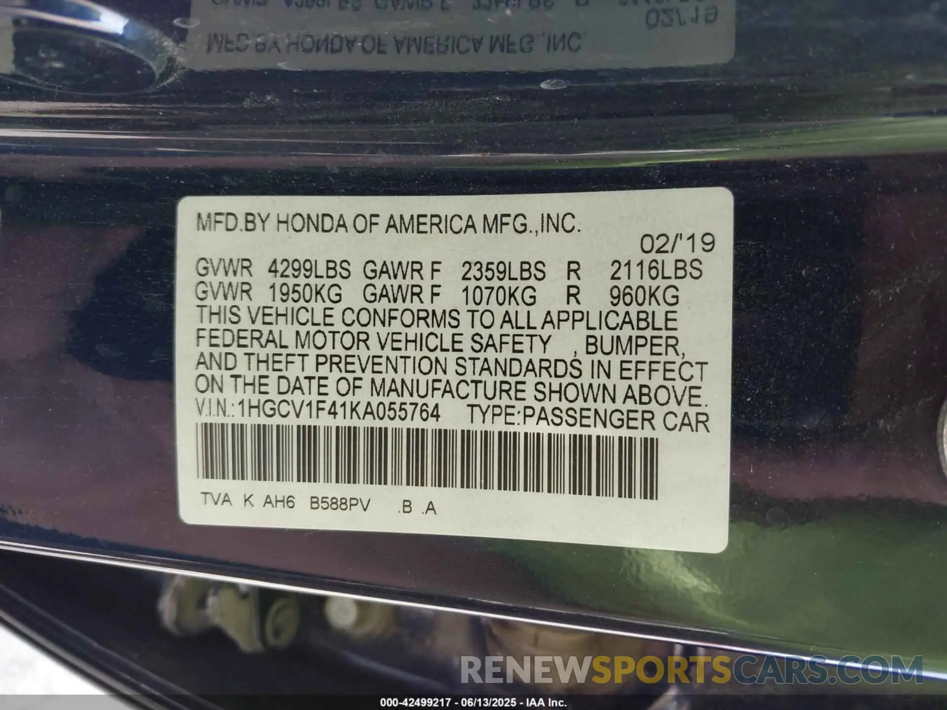 9 Фотография поврежденного автомобиля 1HGCV1F41KA055764 HONDA ACCORD 2019