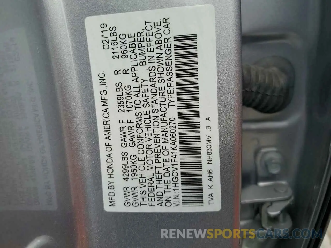 12 Фотография поврежденного автомобиля 1HGCV1F41KA060270 HONDA ACCORD 2019
