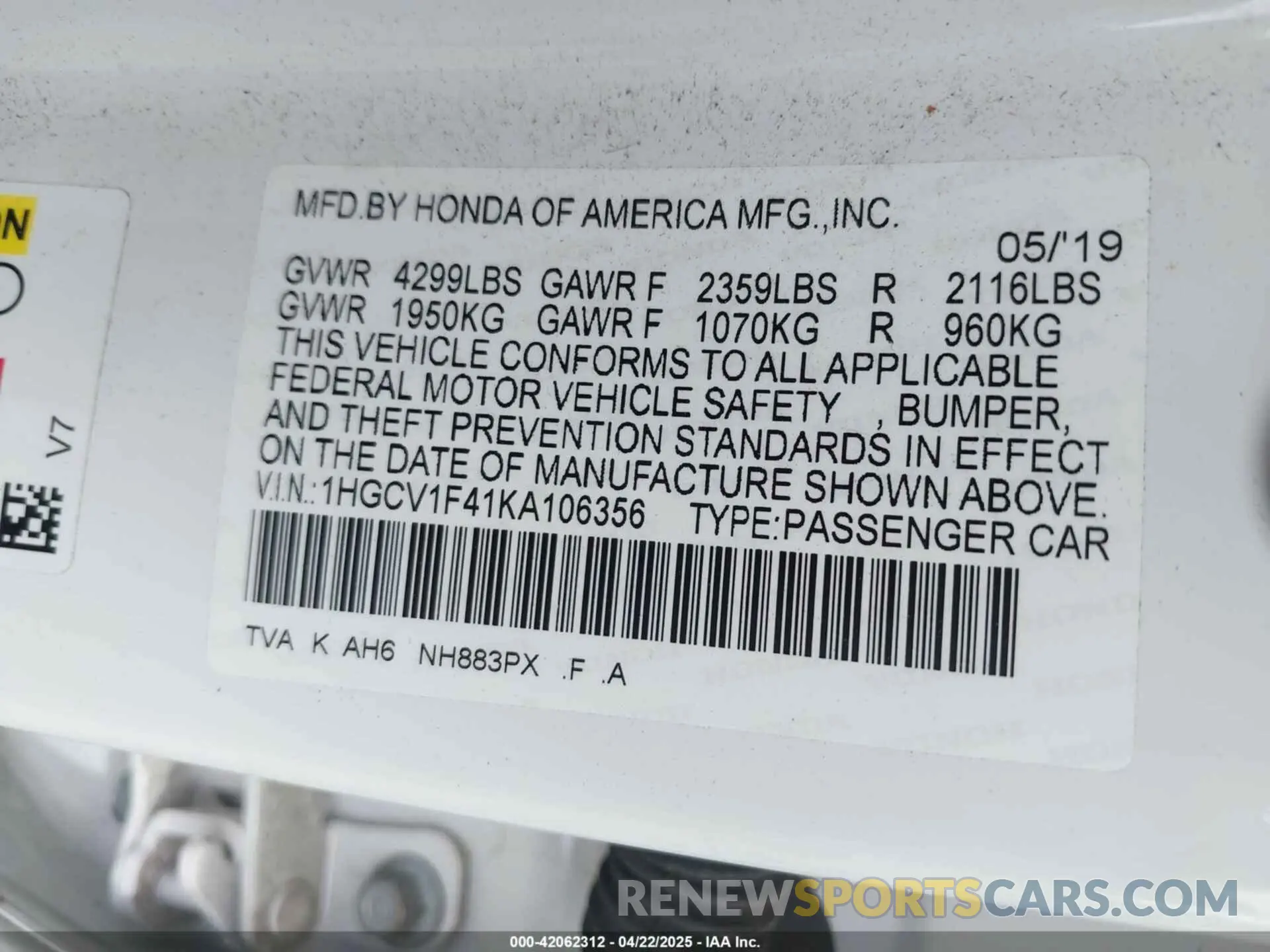 9 Photograph of a damaged car 1HGCV1F41KA106356 HONDA ACCORD 2019