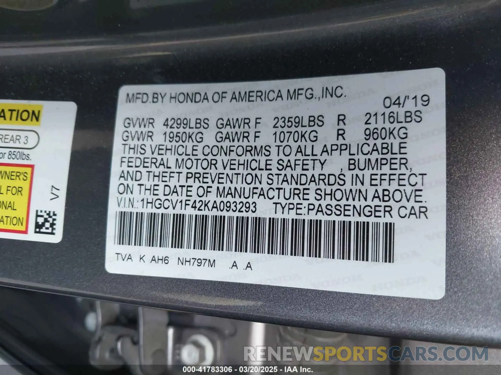 9 Фотография поврежденного автомобиля 1HGCV1F42KA093293 HONDA ACCORD 2019