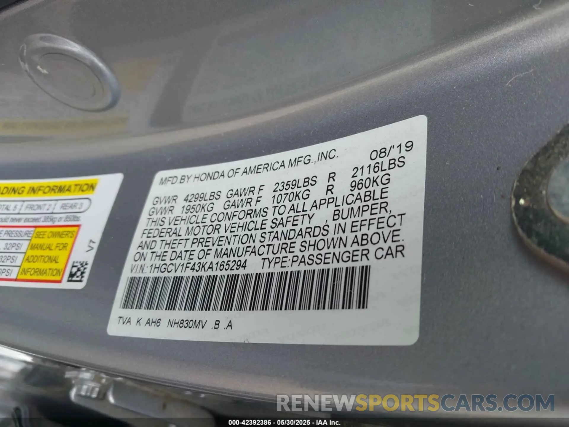 9 Фотография поврежденного автомобиля 1HGCV1F43KA165294 HONDA ACCORD 2019