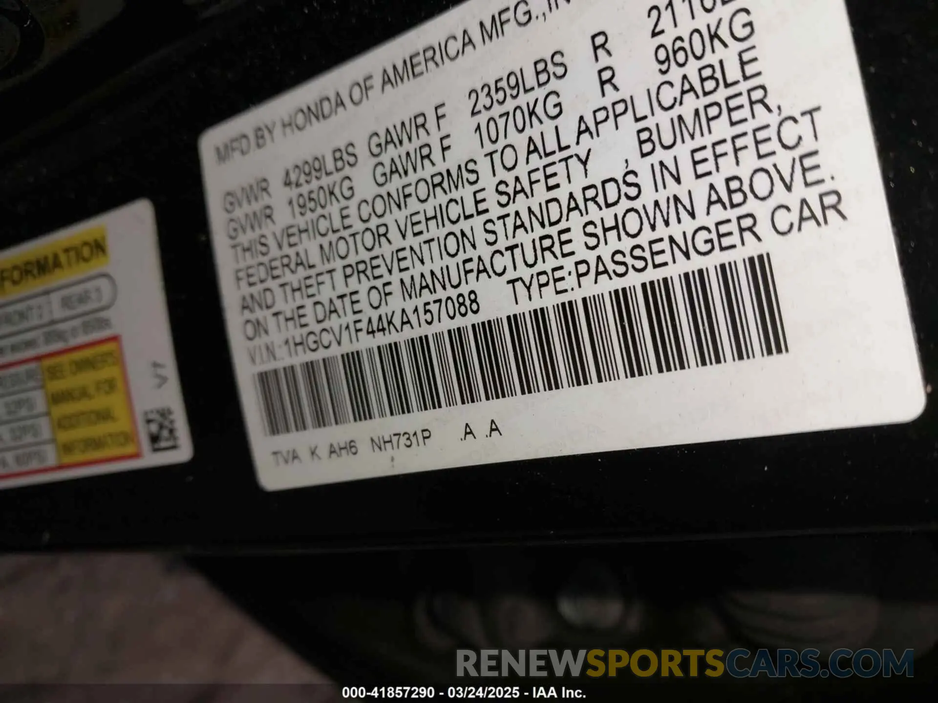 9 Photograph of a damaged car 1HGCV1F44KA157088 HONDA ACCORD 2019