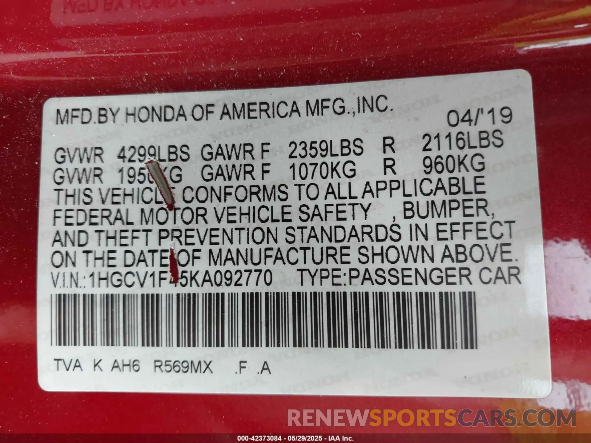 9 Фотография поврежденного автомобиля 1HGCV1F45KA092770 HONDA ACCORD 2019