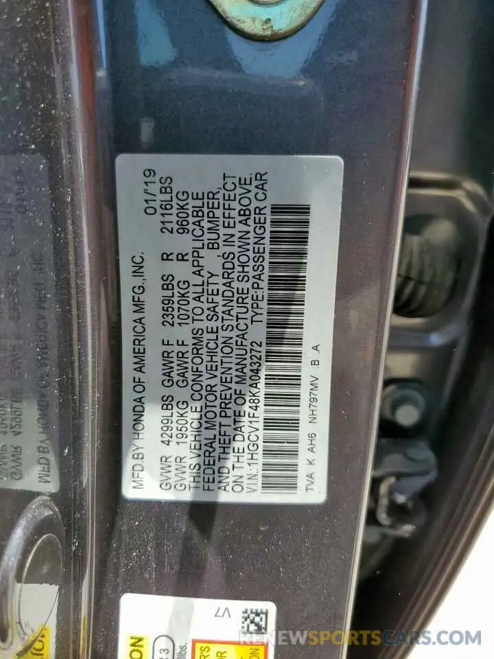 13 Photograph of a damaged car 1HGCV1F48KA043272 HONDA ACCORD 2019