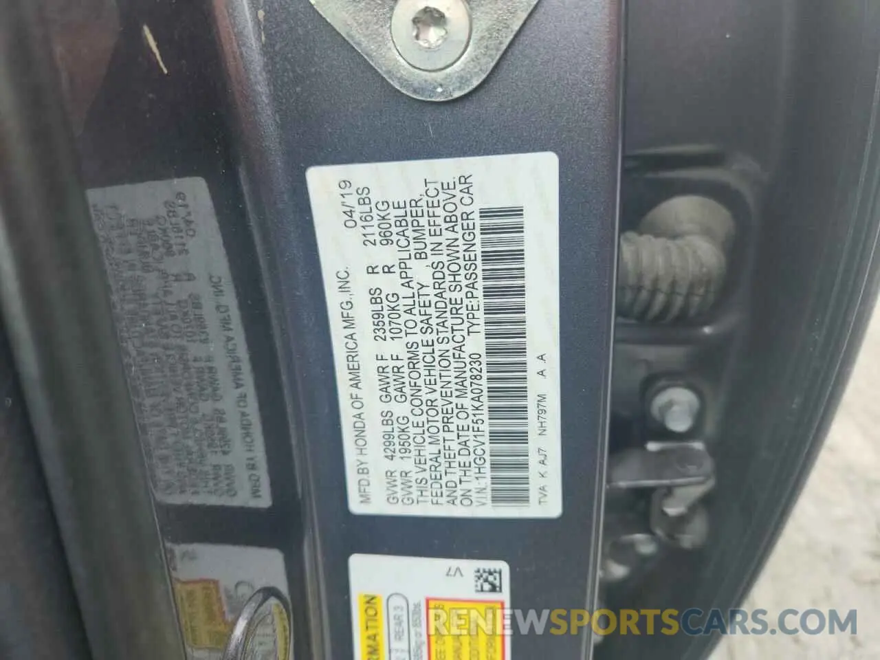 12 Photograph of a damaged car 1HGCV1F51KA078230 HONDA ACCORD 2019