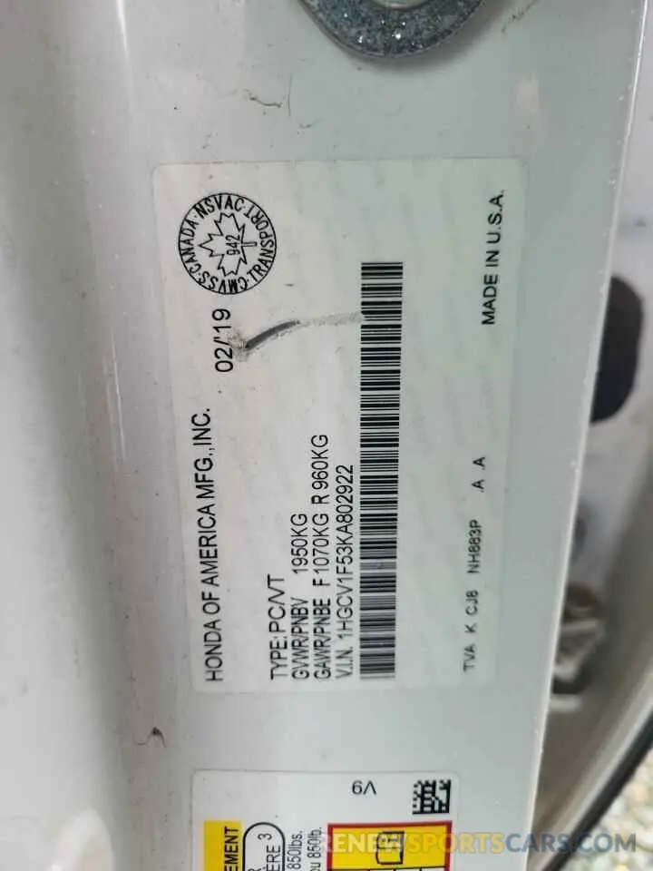 12 Фотография поврежденного автомобиля 1HGCV1F53KA802922 HONDA ACCORD 2019