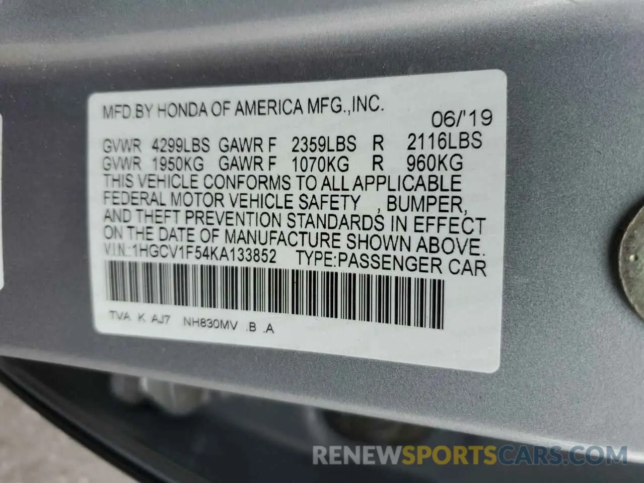 12 Photograph of a damaged car 1HGCV1F54KA133852 HONDA ACCORD 2019