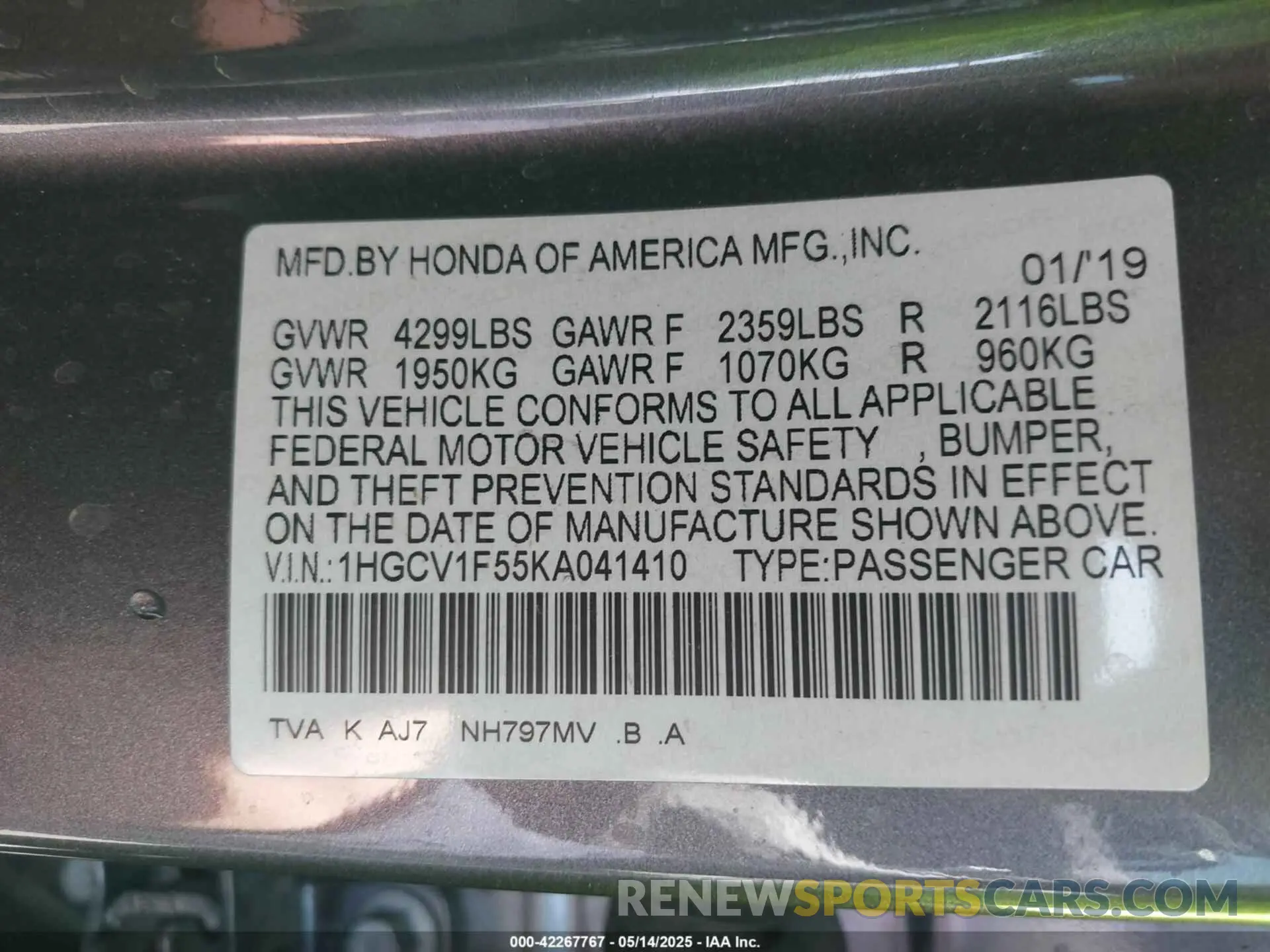 9 Фотография поврежденного автомобиля 1HGCV1F55KA041410 HONDA ACCORD 2019