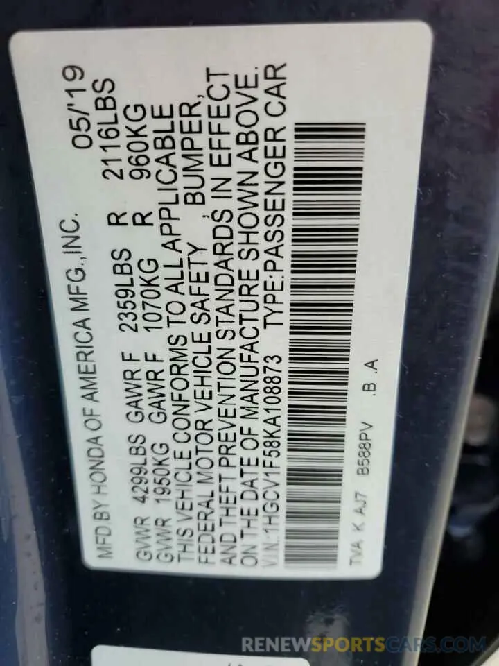 12 Фотография поврежденного автомобиля 1HGCV1F58KA108873 HONDA ACCORD 2019