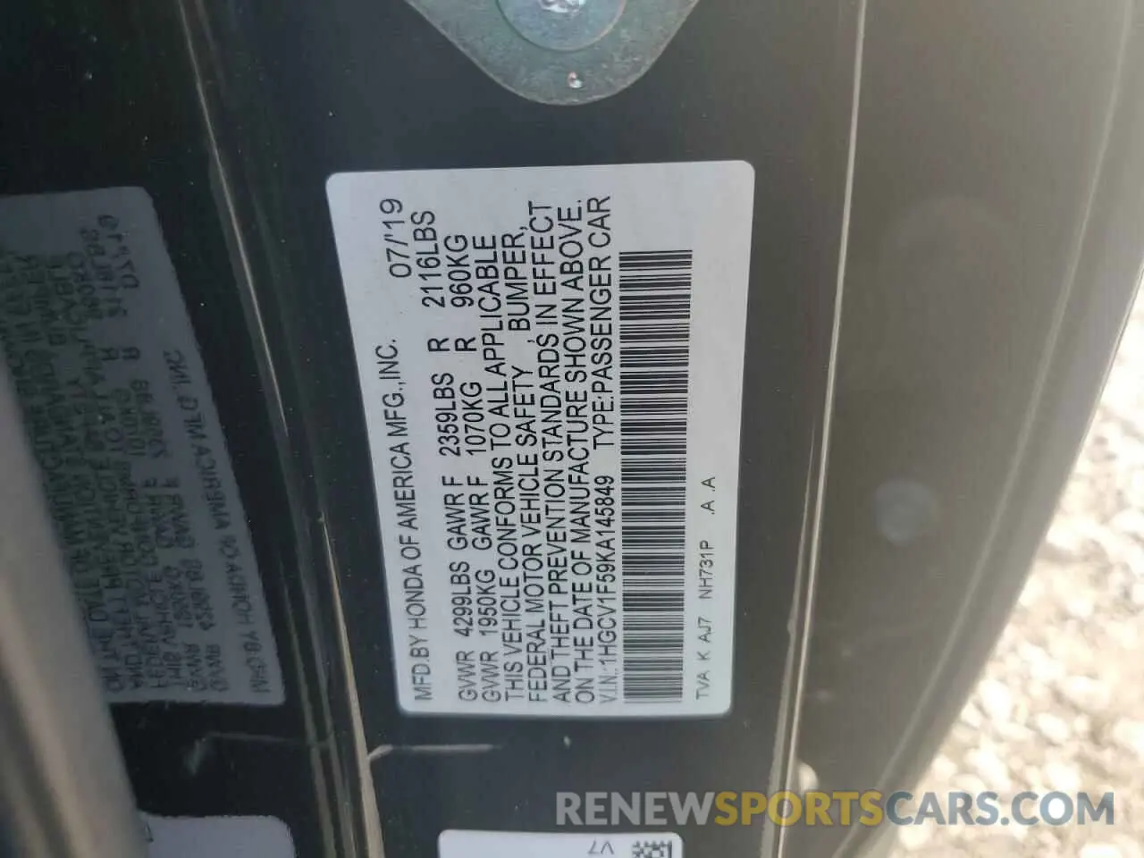 12 Photograph of a damaged car 1HGCV1F59KA145849 HONDA ACCORD 2019