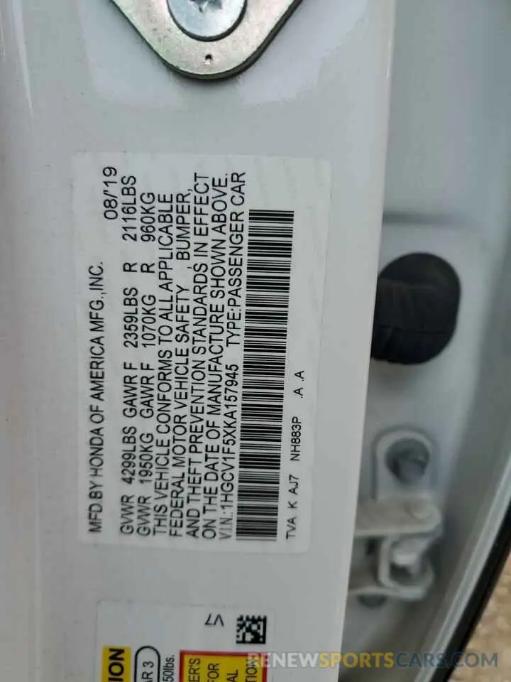 12 Фотография поврежденного автомобиля 1HGCV1F5XKA157945 HONDA ACCORD 2019