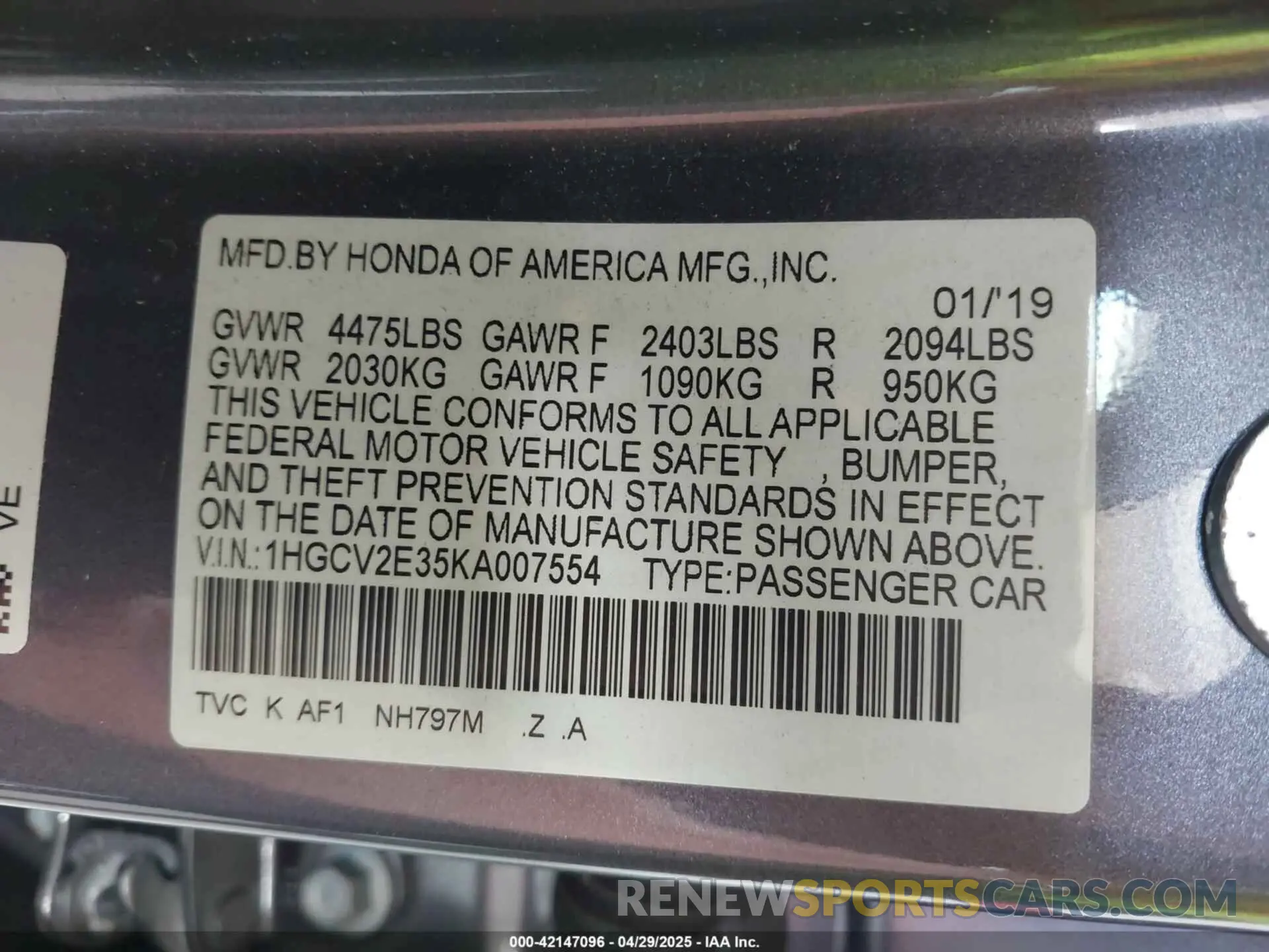 9 Photograph of a damaged car 1HGCV2E35KA007554 HONDA ACCORD 2019