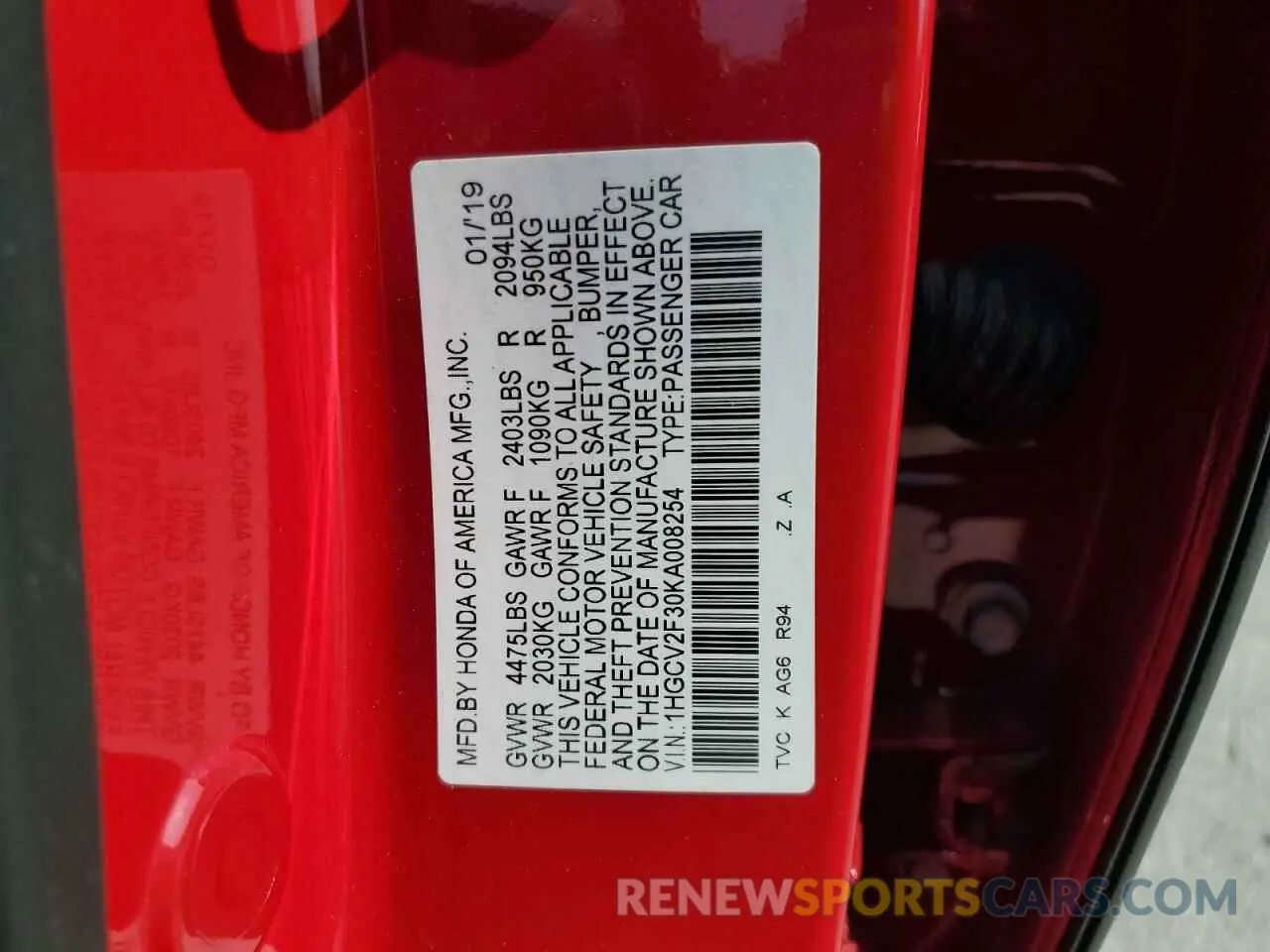12 Photograph of a damaged car 1HGCV2F30KA008254 HONDA ACCORD 2019