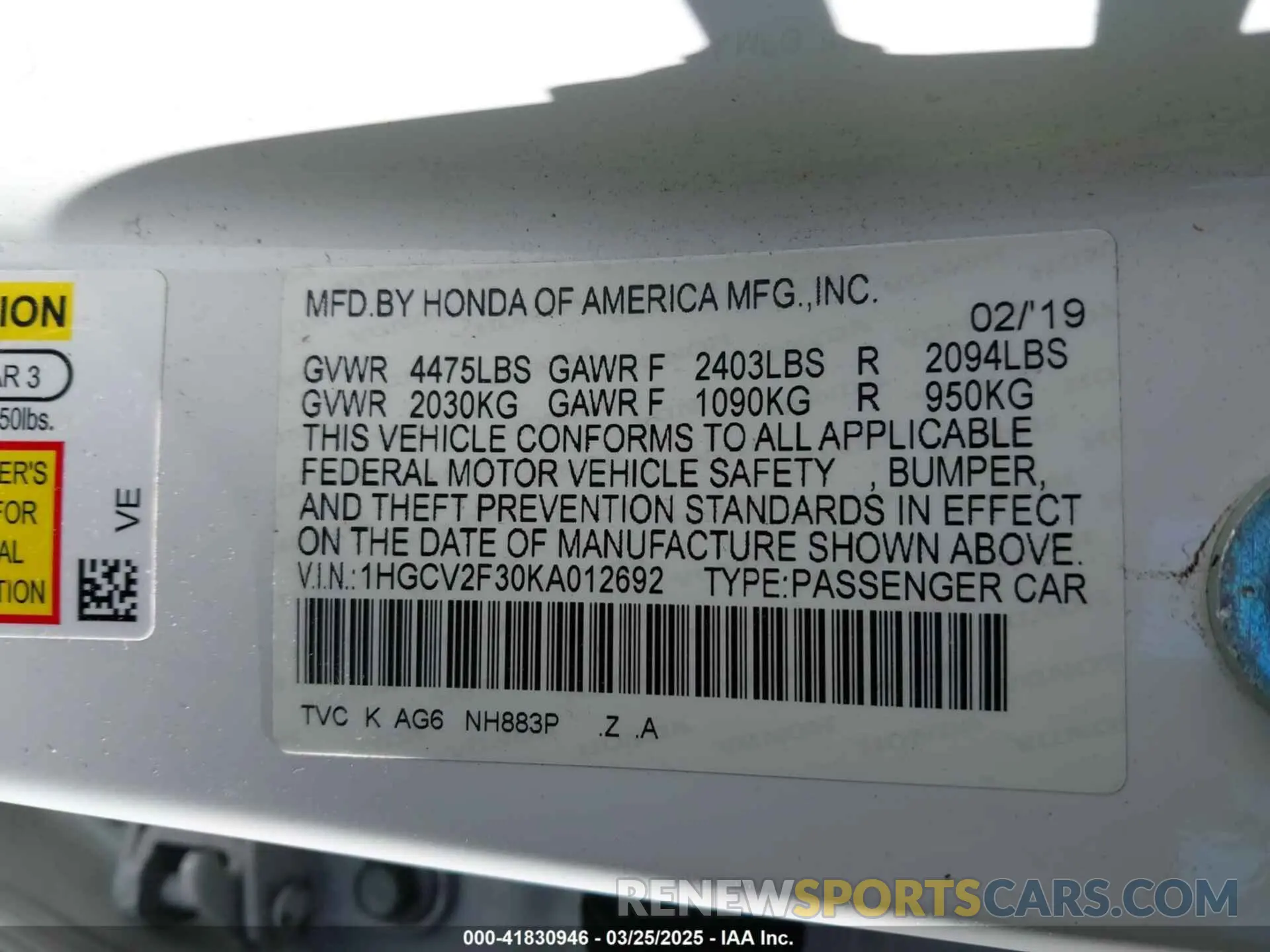 9 Фотография поврежденного автомобиля 1HGCV2F30KA012692 HONDA ACCORD 2019