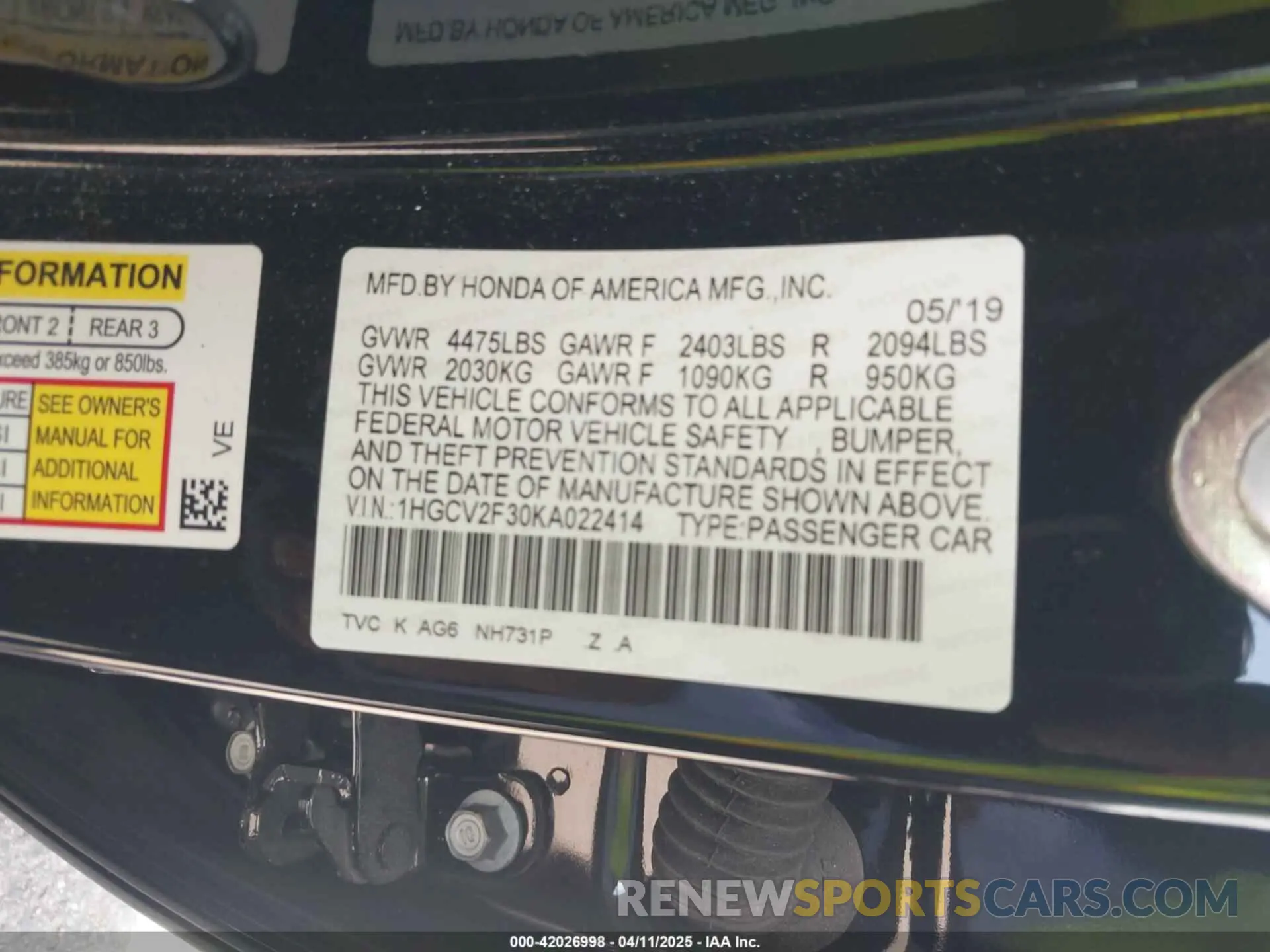 9 Photograph of a damaged car 1HGCV2F30KA022414 HONDA ACCORD 2019