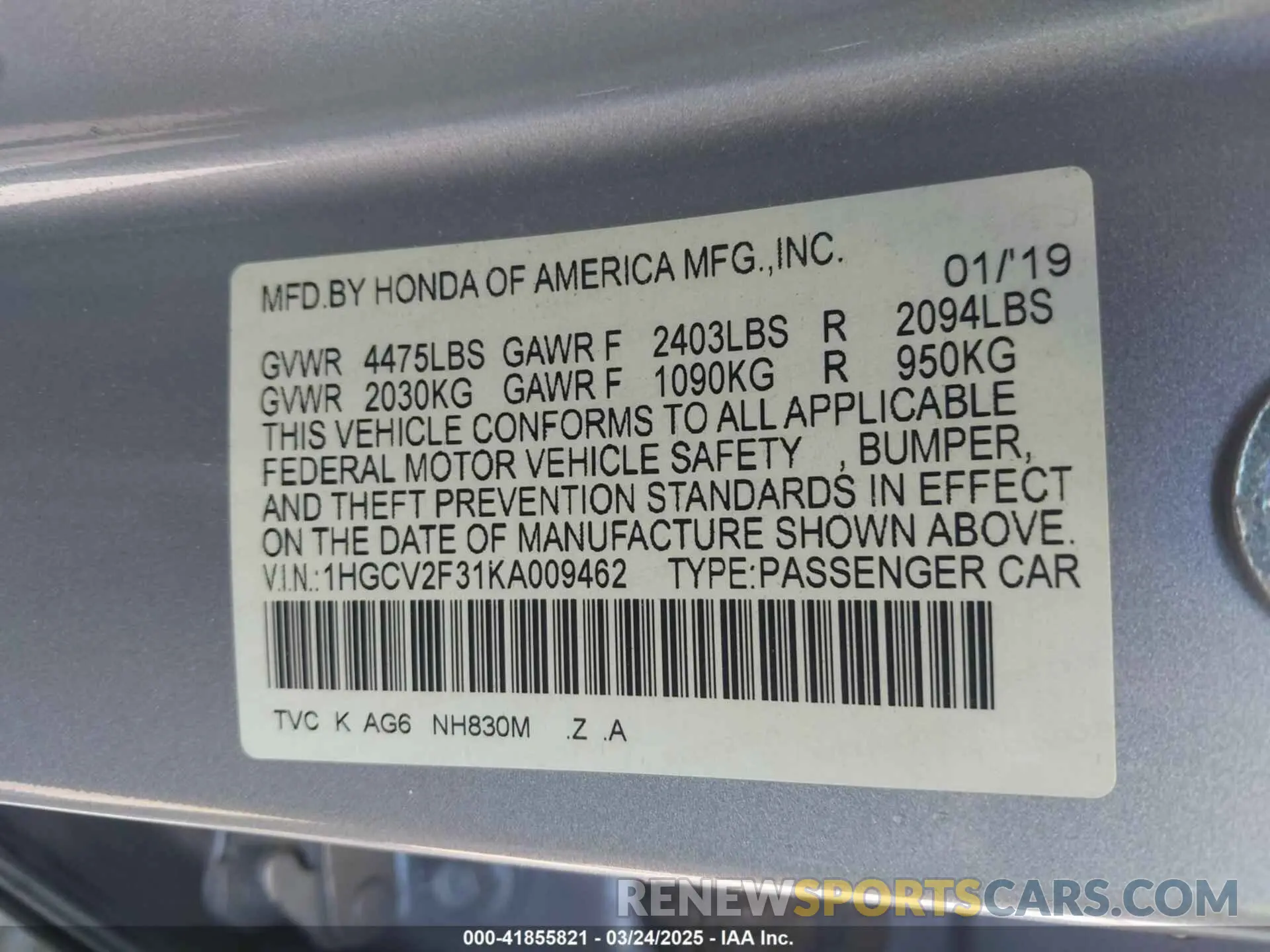 9 Фотография поврежденного автомобиля 1HGCV2F31KA009462 HONDA ACCORD 2019
