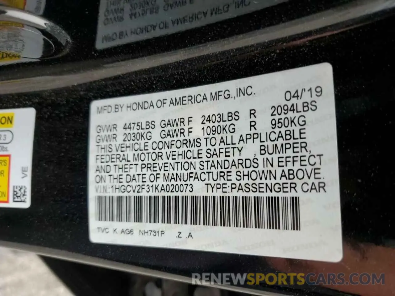 13 Фотография поврежденного автомобиля 1HGCV2F31KA020073 HONDA ACCORD 2019