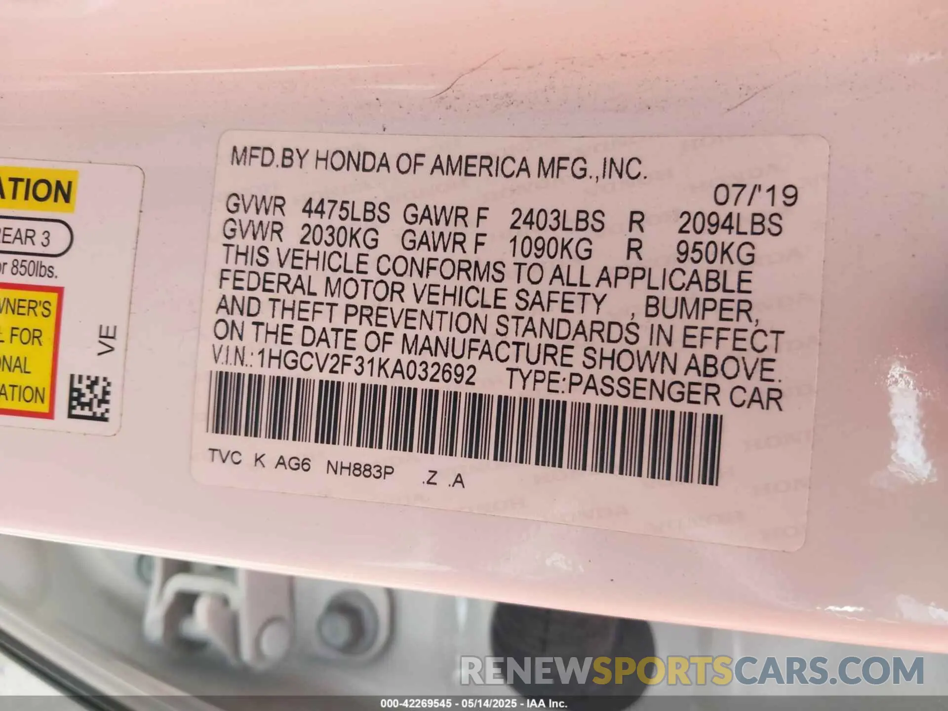 9 Фотография поврежденного автомобиля 1HGCV2F31KA032692 HONDA ACCORD 2019