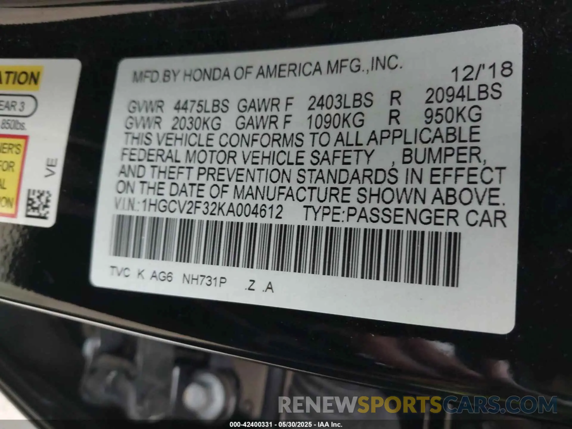 9 Photograph of a damaged car 1HGCV2F32KA004612 HONDA ACCORD 2019