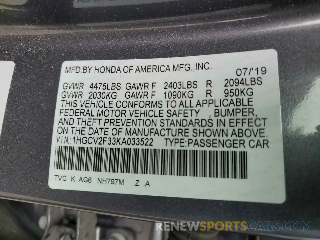 12 Photograph of a damaged car 1HGCV2F33KA033522 HONDA ACCORD 2019