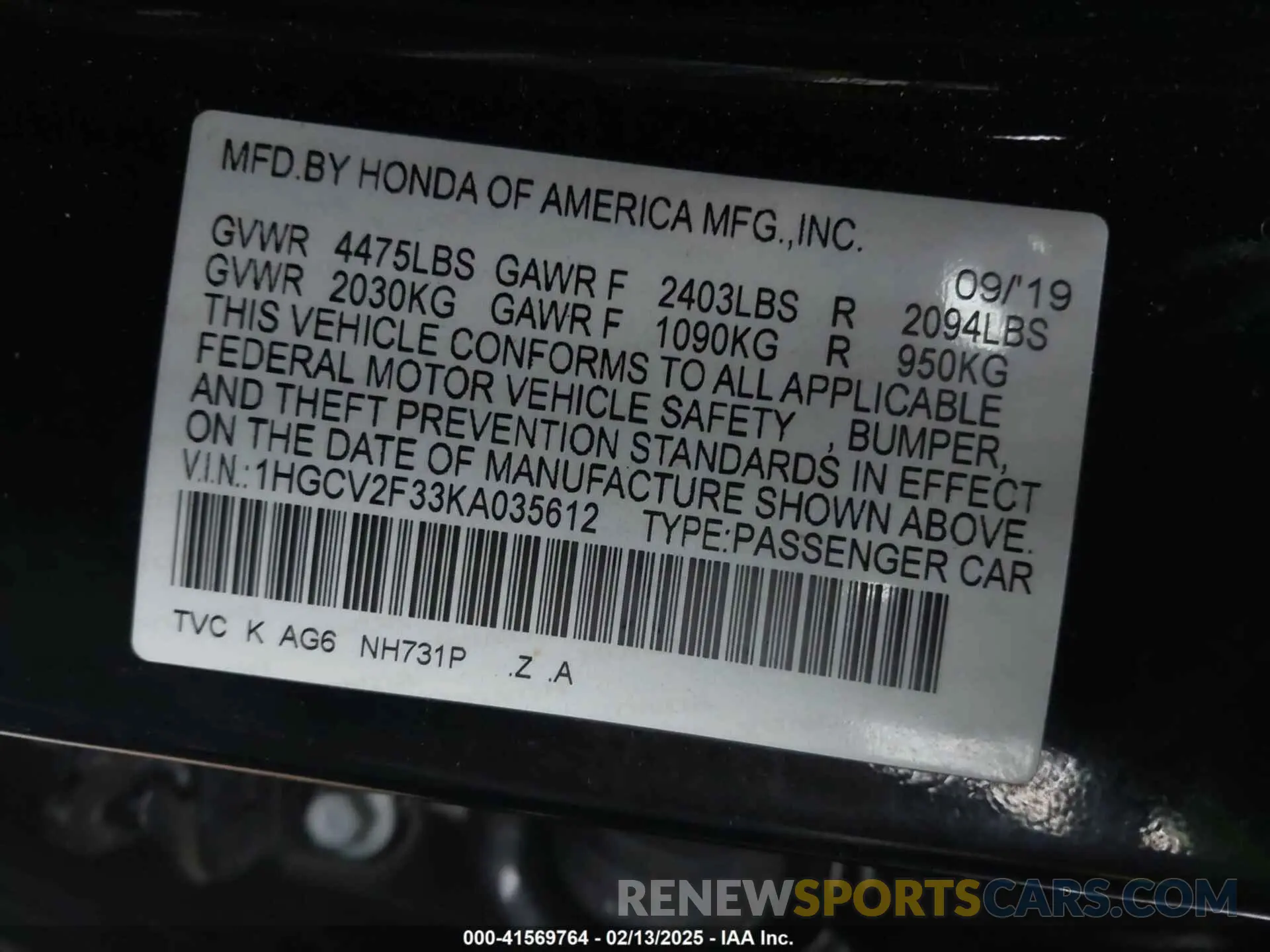 9 Фотография поврежденного автомобиля 1HGCV2F33KA035612 HONDA ACCORD 2019