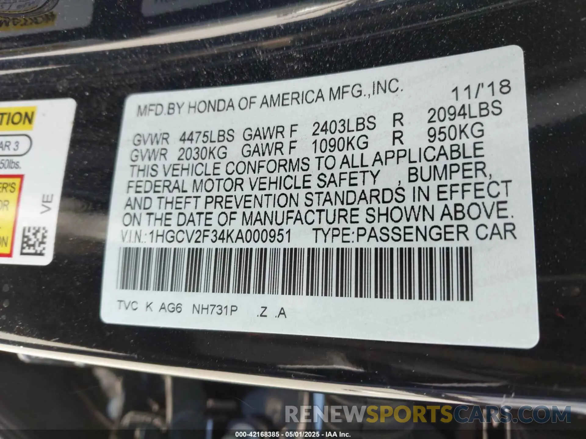 9 Фотография поврежденного автомобиля 1HGCV2F34KA000951 HONDA ACCORD 2019