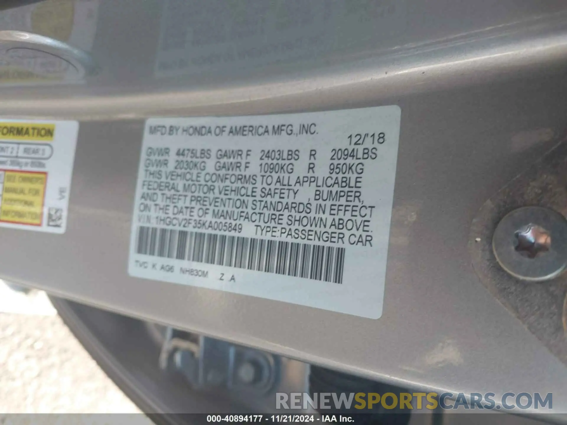 9 Фотография поврежденного автомобиля 1HGCV2F35KA005849 HONDA ACCORD 2019