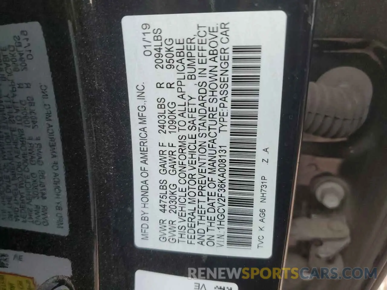 12 Photograph of a damaged car 1HGCV2F36KA008131 HONDA ACCORD 2019