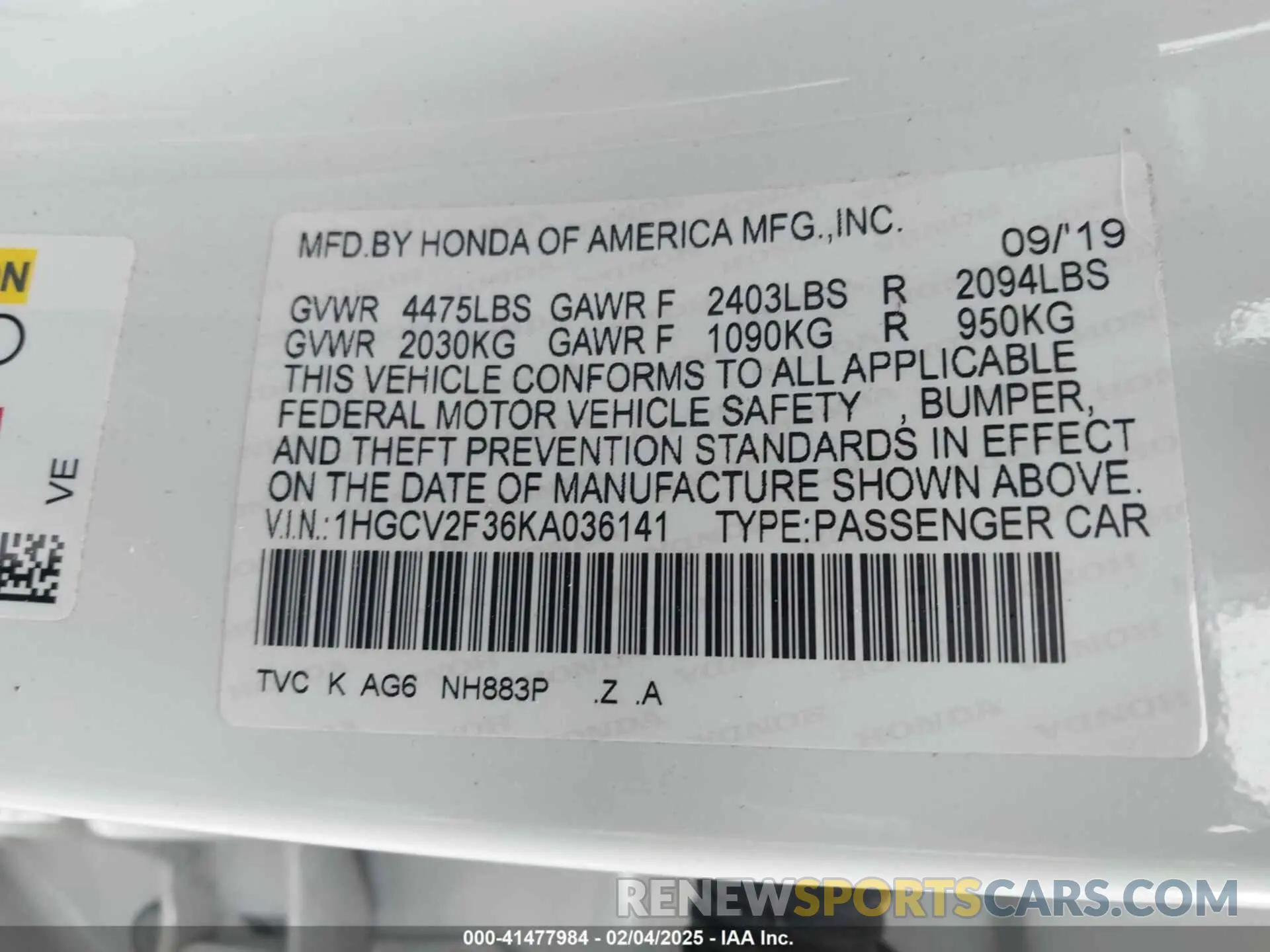 9 Фотография поврежденного автомобиля 1HGCV2F36KA036141 HONDA ACCORD 2019