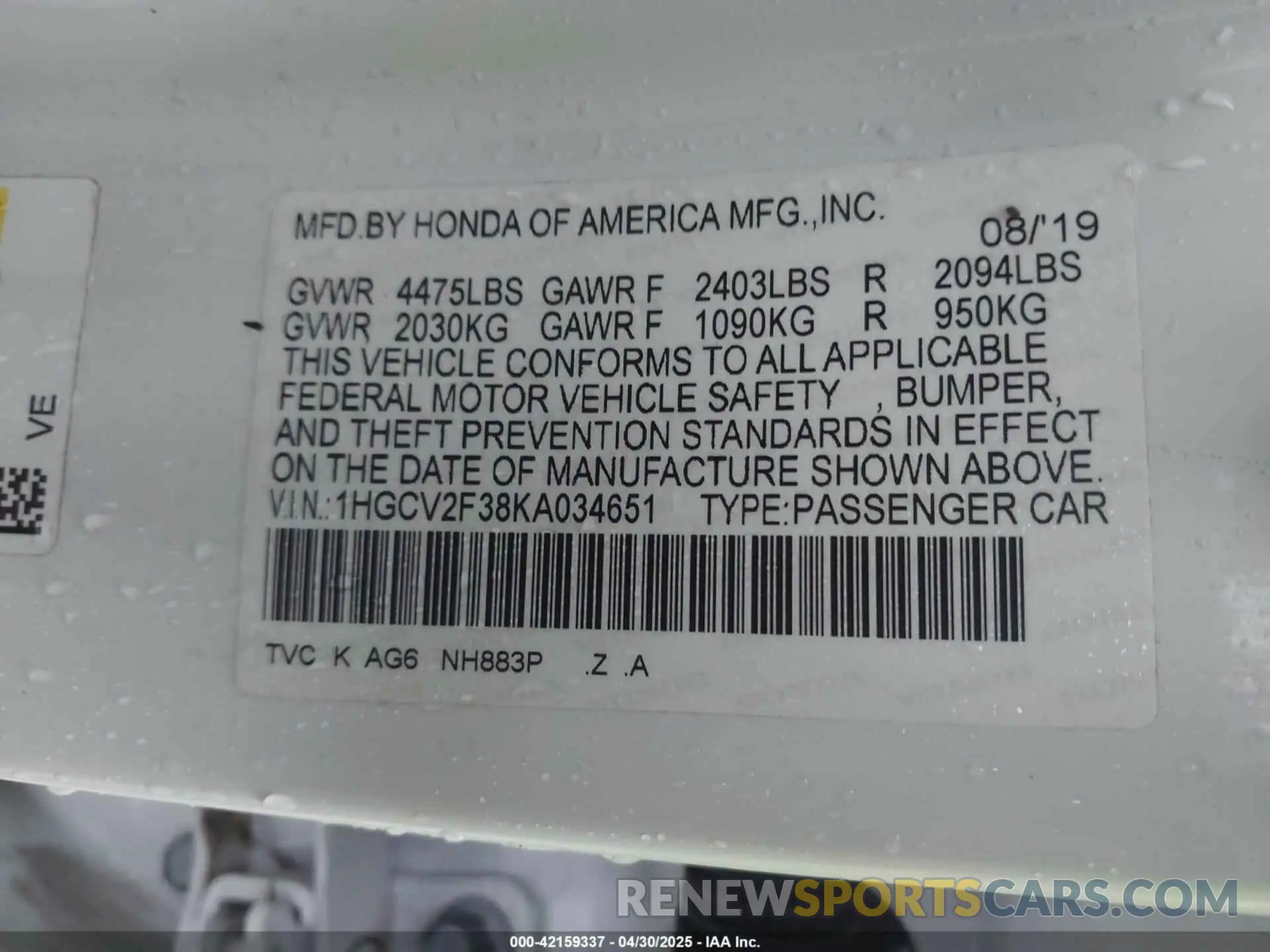 9 Фотография поврежденного автомобиля 1HGCV2F38KA034651 HONDA ACCORD 2019
