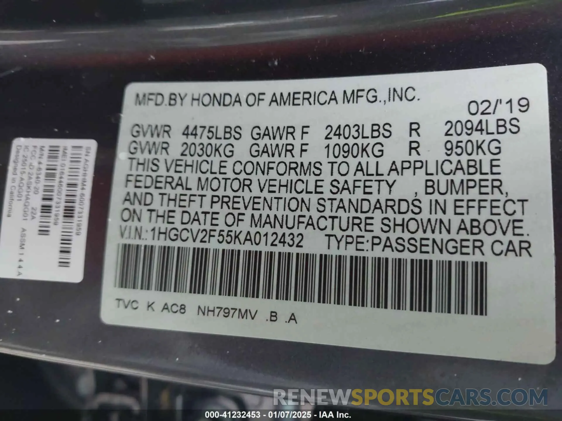 9 Photograph of a damaged car 1HGCV2F55KA012432 HONDA ACCORD 2019
