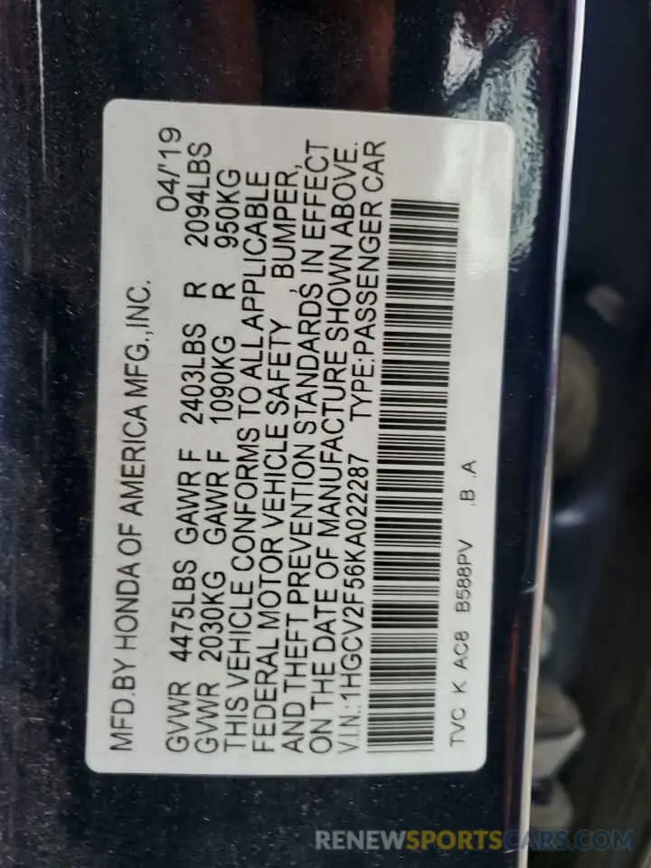 12 Фотография поврежденного автомобиля 1HGCV2F56KA022287 HONDA ACCORD 2019